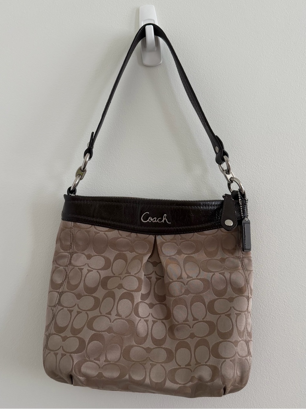 Coach Signature Shoulder Bag in Taupe with Black Trim